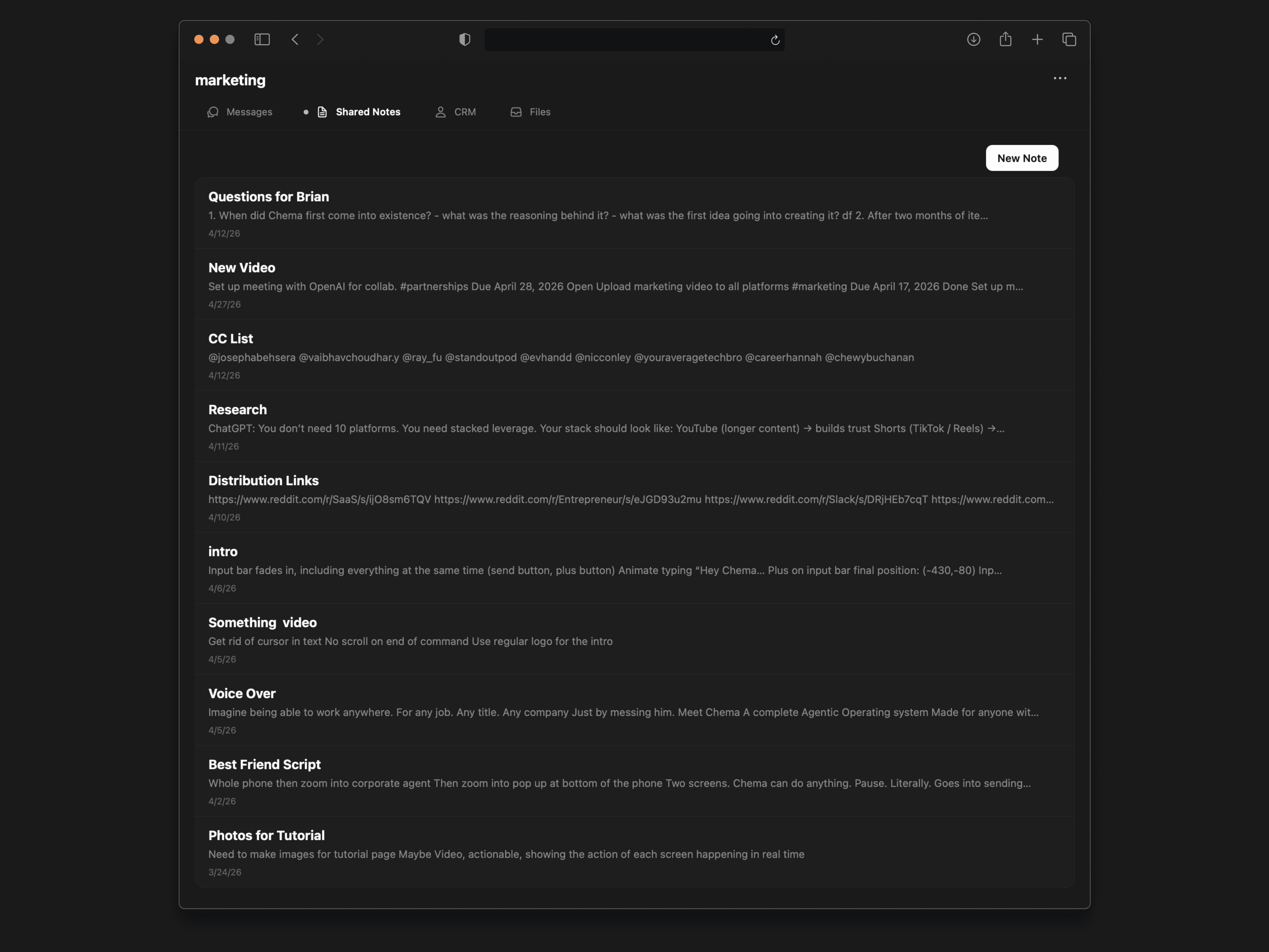 Shared notes connected to workspace context in Chema