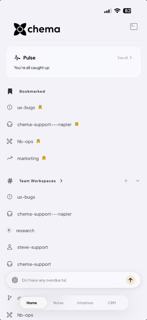 Chema on iPhone — Pulse, bookmarks, and workspaces